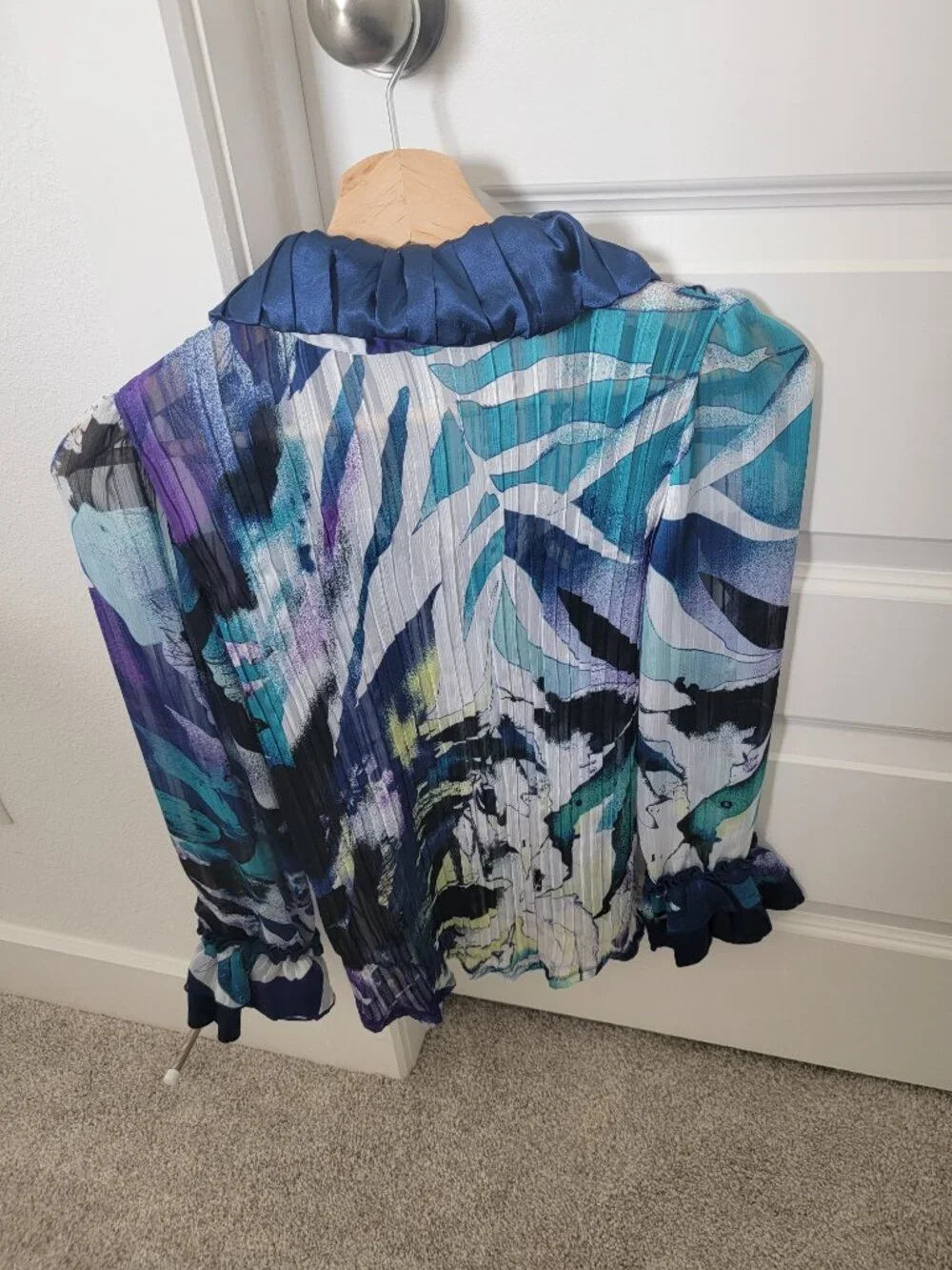 Vintage Y2K Whimsigoth Agora Abstract Watercolor Crinkle Ruffle Blouse
